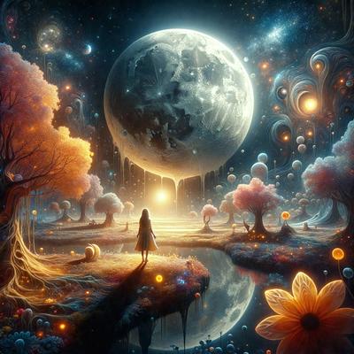 Primary subject: A woman walking in a forest at night.

Setting/background: The woman is walking on a path surrounded by trees, with a moon in the sky above her.

Visual style: The image is a digital art or illustration.

Colors and mood: The image has a warm and serene atmosphere, with the woman's dress and the moonlight creating a sense of tranquility.